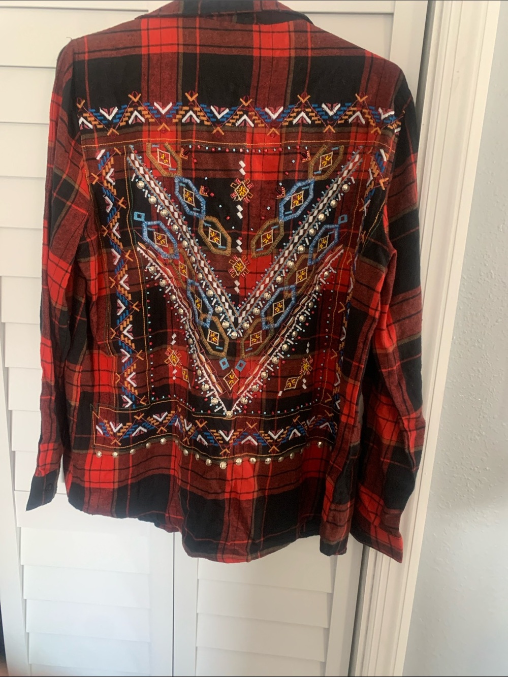 Embroidered Red Plaid Button-Down Shirt Jacket for Women